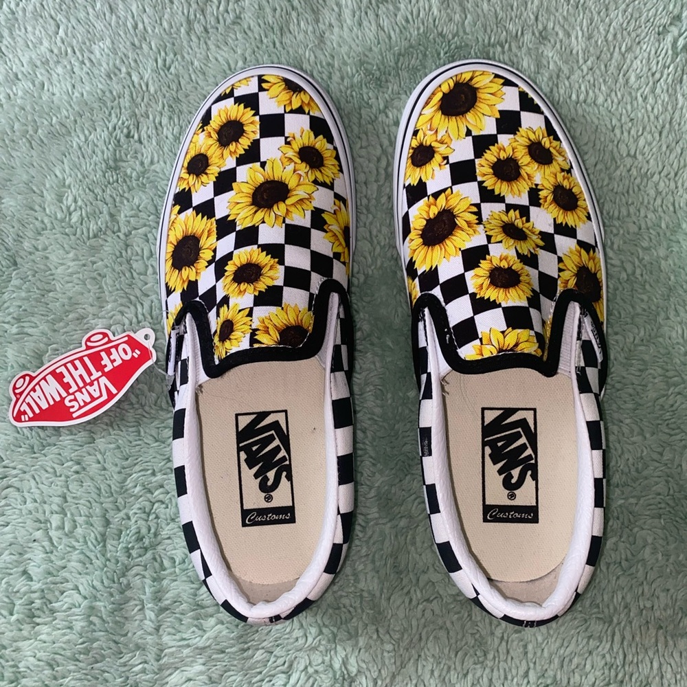 Vans Customs Sunflower Design Checkerboard Classic Slip On Shoes